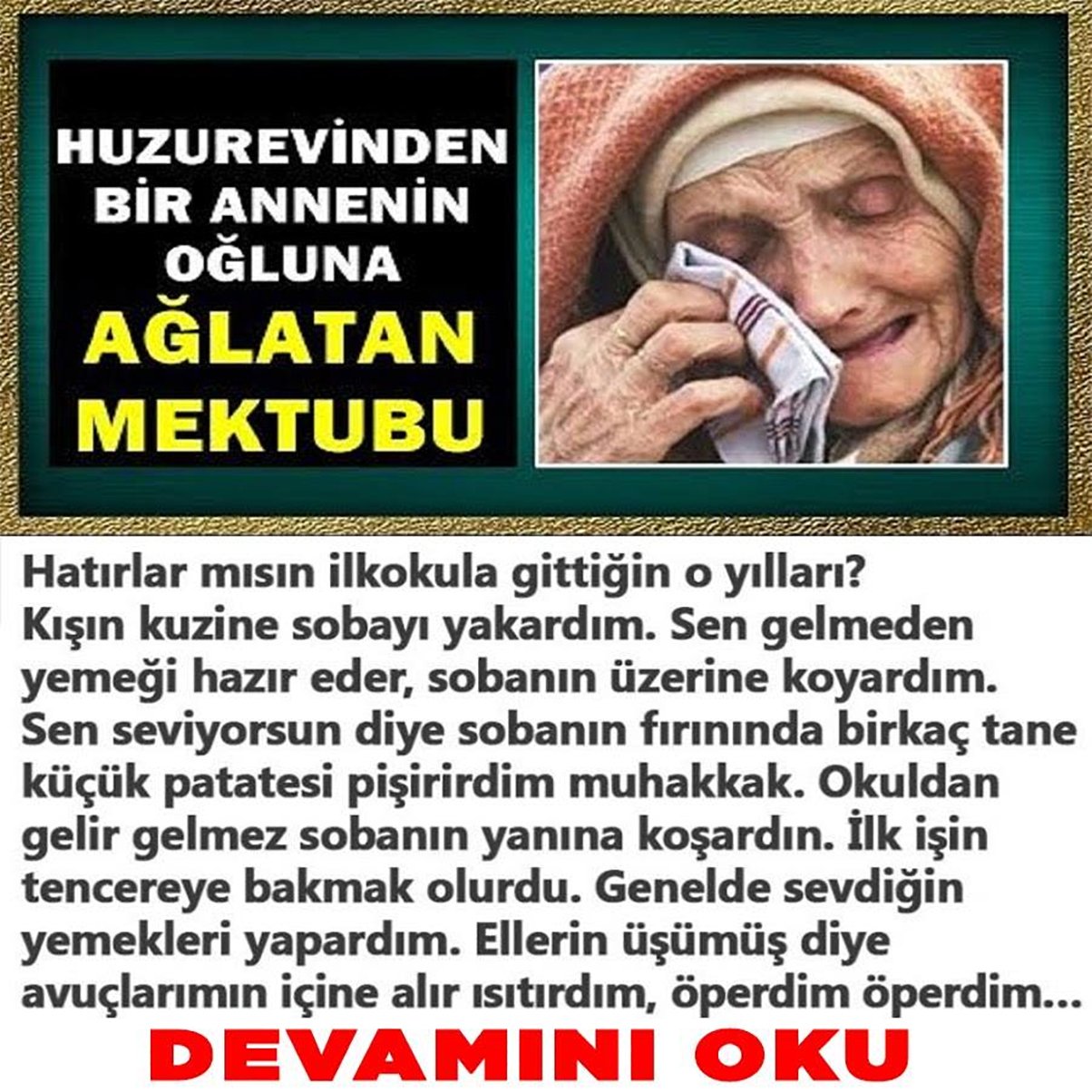 Huzur Evinde ki Anneden Oğluna Ağlatan mektup